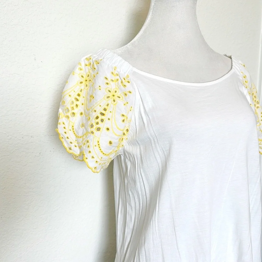 LOFT • White Yellow Embroidered Eyelet Flutter Sleeve Top